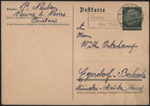 Deutsches Reich Ganzsache Landpoststempel Nemitz üb. Neisse Nysa Schlesien Polen