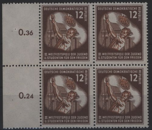 DDR 289 Viererblock vom Seitenrand 12 Pf Weltfestspiele Jugend 1951 postfrisch