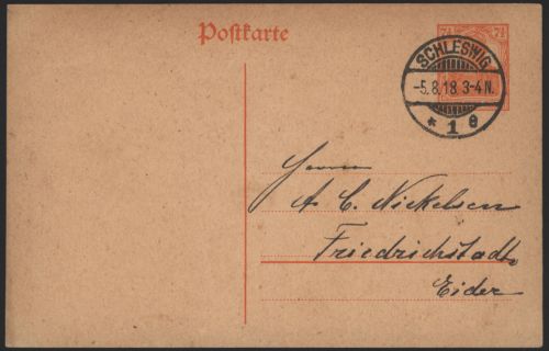 Deutsches Reich Ganzsache P 110 I Schleswig nach Friedrichstadt / Eider 5.8.1918