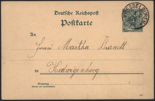 Deutsches Reich Ganzsache P 20 mit K1 Wesselburen nach Hedwigenkook 5.1.1880