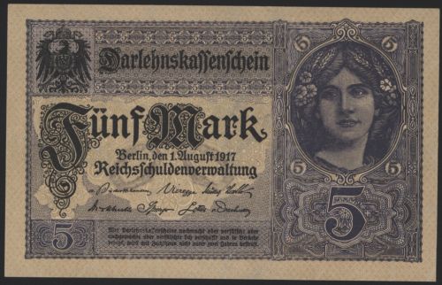 Geldschein Banknote 5 Mark 1917 I. WK Darlehnskassenschein 54 b mit KN 8stellig