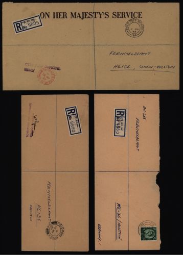 Großbritannien 3 Feldpost R - Briefe an Fernmeldeamt Heide Holstein R-Zettel mit