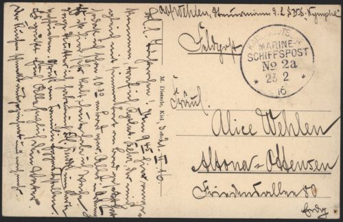 Ansichtskarte Marine Schiffspoststempel MSP Nr. 2a 1916 Kiel vom Rathausturm