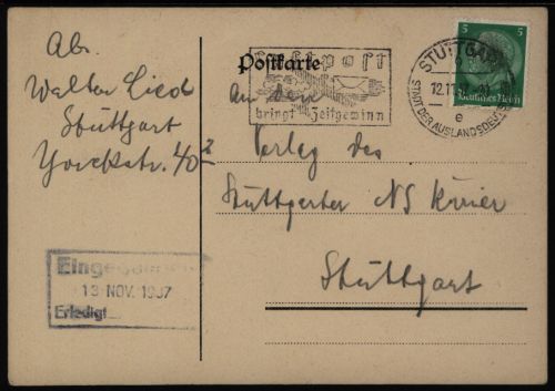 Deutsches Rreich Postkarte 5 Pfg. Hindenburg mit Werbestempel Stuttgart Luftpost