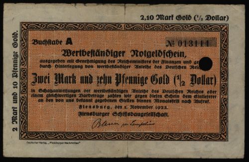 Geldschein Banknote Notgeld Flensburg Schiffsbaugesellschaft 2,10 Mark Gold F005
