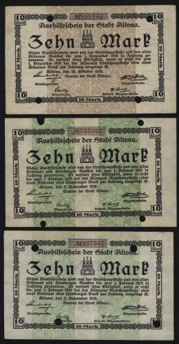 Geldschein Banknote Notgeld Altona 3 Stück 10 Mark 3, 6 + 7 fast kfr. 1918/19