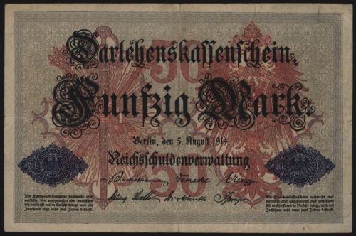 Geldschein 50 Mark Darlehenskassenschein 5.8.1914 50 b KN 7 stellig II.