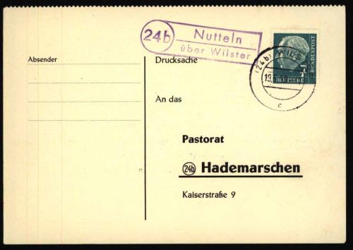 Bund Postkarte mit Landpoststempel Nutteln über Wilster n. Hardemarschen