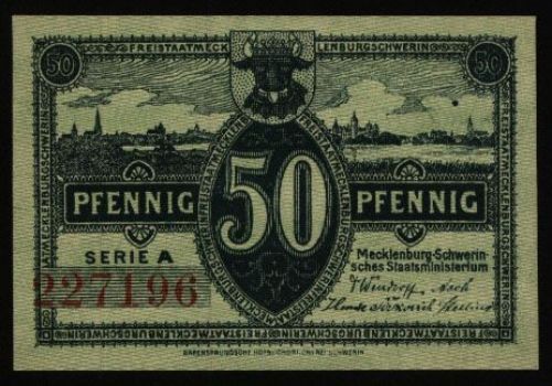 Geldschein Banknote Notgeld Mecklenburg-Schwerin 9 d. 50 Pfg. 1.5.1922 - I.
