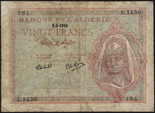 Geldschein Banknote Algerien franz. Kolonie III VF 92 b Vingt 20 Francs 2.2.1945