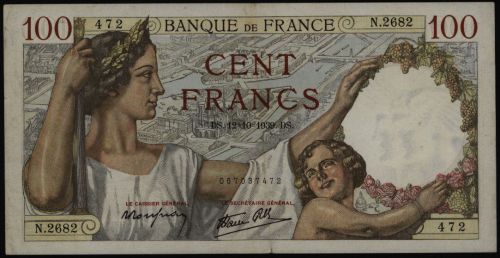 Geldschein Banknote Frankreich 100 Cent Francs 1939 II-III. EF-VF 94