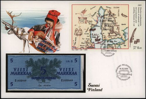 Geldschein Banknote Banknotenbrief Finnland + Briefmarken 5 Markkaa