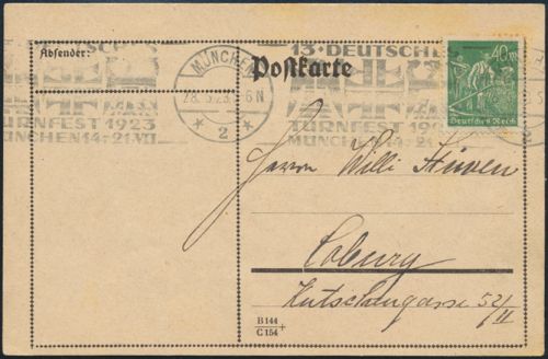 Dt. Reich Brief Postkarte EF 244 Sonder-Werbestempel 13. Turnfest München Sport