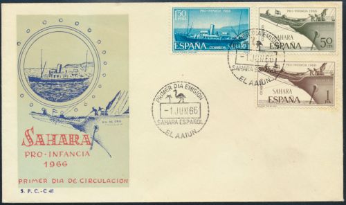 Spanisch-Sahara 280-282 dekorativer FDC Schiffe + Strauss Emu Jugend 1966