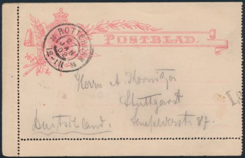 Niederlande Ganzsache Kartenbrief K 5 12 1/2 c. Wilhelmine Rotterdam Stuttgart