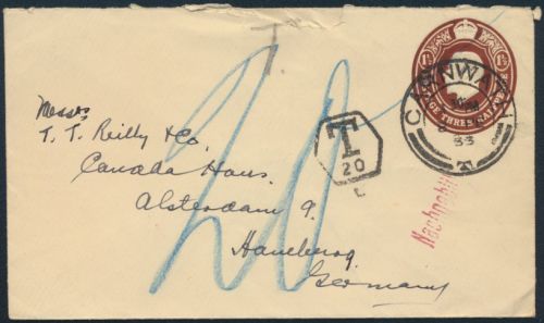 Schottland Ganzsache King Georg 1 1/2p Carnwath Hamburg nachtaxiert blau 20 1933
