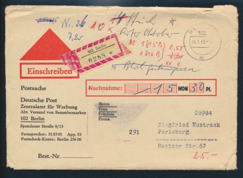 Berlin Brief Nachnahme Einschreiben als Postsache nach Perleberg 18.01.1968