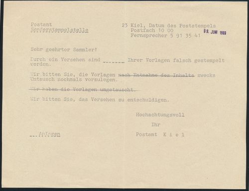 Kiel Post Postsache 2 verschied. Belege 1969 Schleswig Holstein Prüfzettel u.a