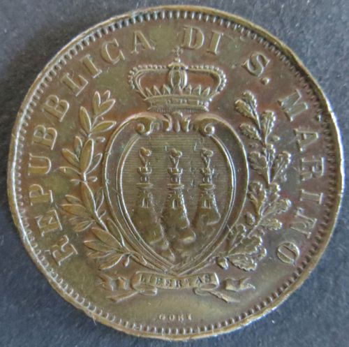 Münze San Marino 1893 R, 10 Centimisi Bronze vz