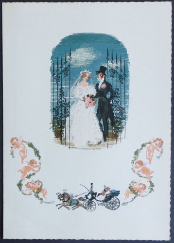 Bund Telegramm Hochzeit Braut Bräutigam Pferdewagen Blumen Engel mehrfarbig 50er