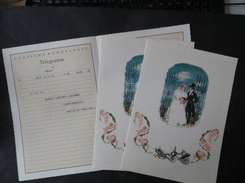 Bund Telegramm Hochzeit Braut Bräutigam Pferdewagen Blumen Engel mehrfarbig 50er
