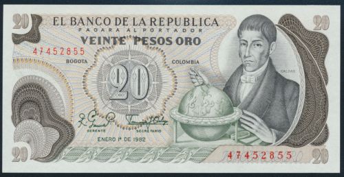 Geldschein Banknote Colombia Kolumbien 20 Pesos Oro 1982 UNC P409
