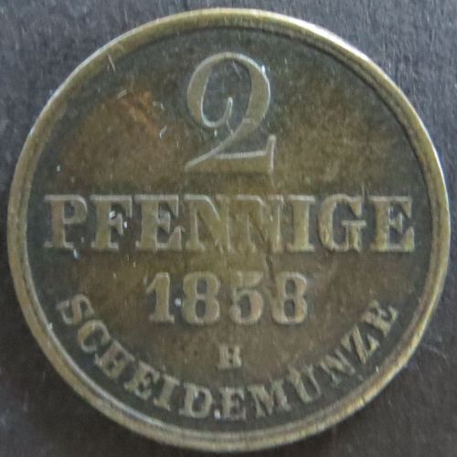 Münze Hannover 153 - 2 Pfennig Scheidemünze 1858 Monogramm Kupfer ss
