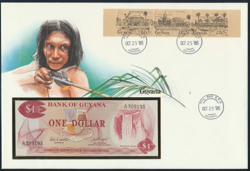 Geldschein Banknote Banknotenbriefef Guyana 1 Dollar exotisches Motiv Jagd 1985