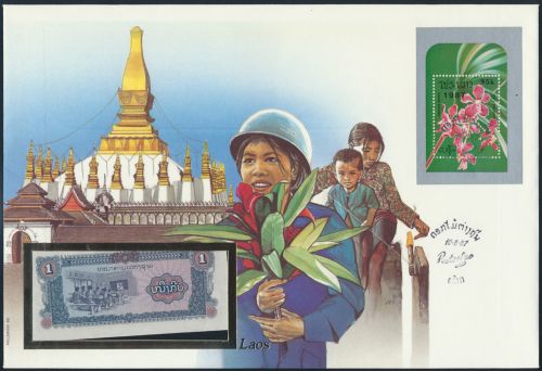 Geldschein Banknote Banknotenbrief Laos Lao Schein + Briefmarkenausgabe 1 Kip