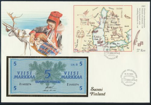 Geldschein Banknote Banknotenbrief Finnland Finland + Briefmarken 5 Markka P106A
