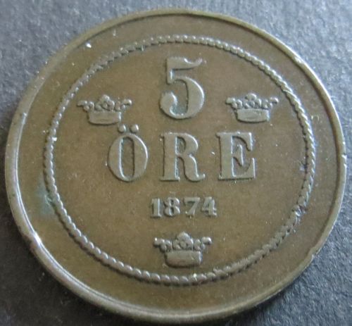 Münze Schweden 1874 - 5 Öre Oskar II. Bekröntes Monogramm 27mm Kupfer vz