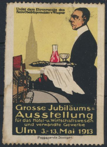 Vignette Reklame Werbung Jugendstil Künstler Ulm Hotel + Wirtschaftswesen 1913