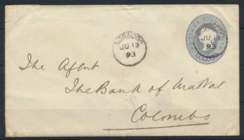 Ceylon Sri Lanka Ganzsache U 27 5c Victoria Norwood Colombo postal stationery
