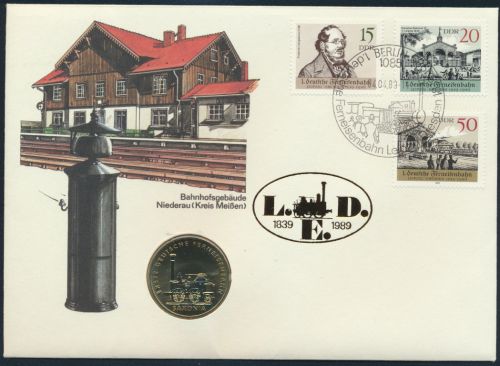 DDR Numisbrief Bahnhofsgebäude Niederau Kreis Meißen Eisenbahn 1989 mit 5M-Münze