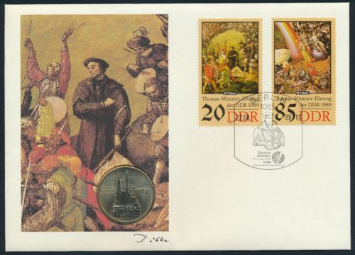 DDR Numisbrief Thomas Münzer Ehrung der DDR 1989 mit 5M-Münze Zwickau