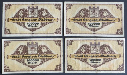 4x Geldschein Banknote Notgeld Bergisch Gladbach 100000 Mark 20.07.1923