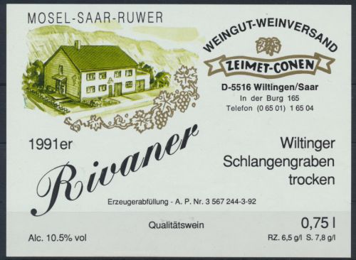Alkohol Weinettikett Weingut Zeimet Conen Wiltingen Saar 1991er ungebraucht