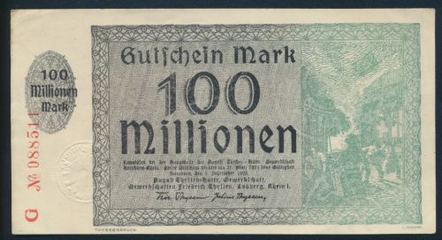 Banknote Notgeld Gutschein 100 Millionen Mark August Thyssen Hütte Hamborn ss