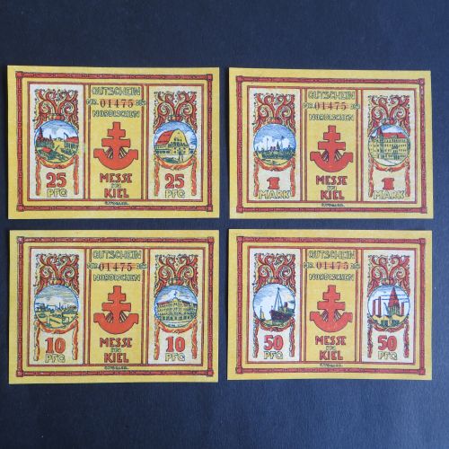 4 Geldscheine Banknoten Notgeld Kiel Nordische M 10 Pf-1 Mark 1921 vzg Gra 698.1