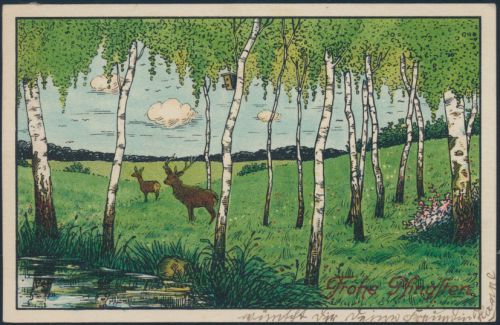 Ansichtskarte Künstlerkarte Rethen nach Bad Salzuflen 1917 Pfingsten Waldsee Reh