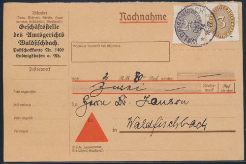 Deutsches Reich Brief Dienst 114 + 119 per Nachnahme Waldfischbach 25.10.1934