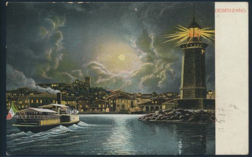 Ansichtskarte Künstlerkarte Desenzano Gardasee Leuchtturm Boot Mondnacht Italien