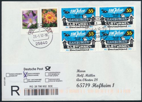 Bund Brief Einschreiben MIF 2462+2480+2890 Viererblock Friedrichstadt n.Hofheim