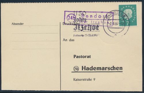 Bund Brief Postkarte 303 Heuss Landpost Bendorf nach Hademarschen via Itzehoe
