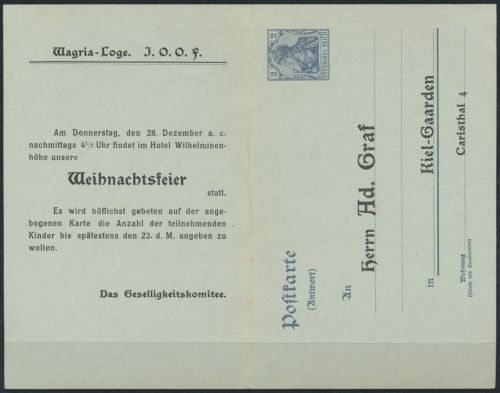 Deutsches Reich Privatganzsache PP 22 Frage Antwort Wagria Loge Kiel-Gaarden