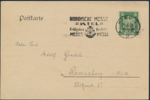 Deutsches Reich Postkarte 356 selt Werbestempel Kiel Nordische Messe Kiel