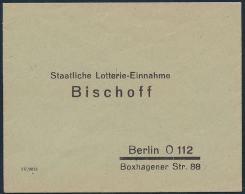 Bund Vordruck Brief Staatliche Lotterie-Einnahme Bischoff Berlin