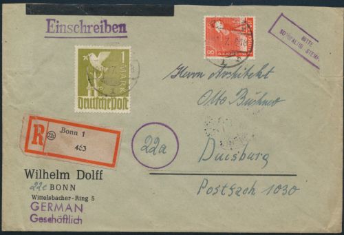Alliierte Besetzung Brief R-Brief 945 a + 959 a Taube Bonn nach Duisburg