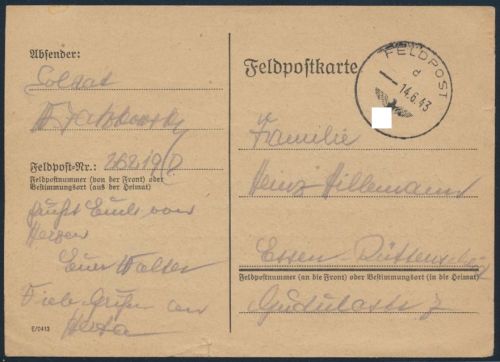 Deutsches Reich stummer Feldpost Nr. 26219 D Rußland nach Essen Rüttenscheid