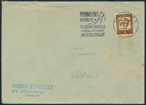 Bund Brief 348y Werbestempel Deutsche Schuhmetropole Pirmasens n Köln 27.10.1962